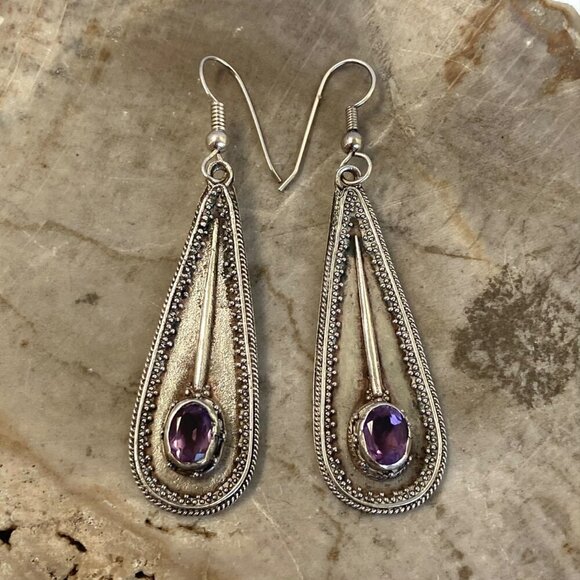 Sterling Silver 925 OKA Bali Oval Amethyst Teardrop Dangle Drop Earrings - Picture 12 of 16